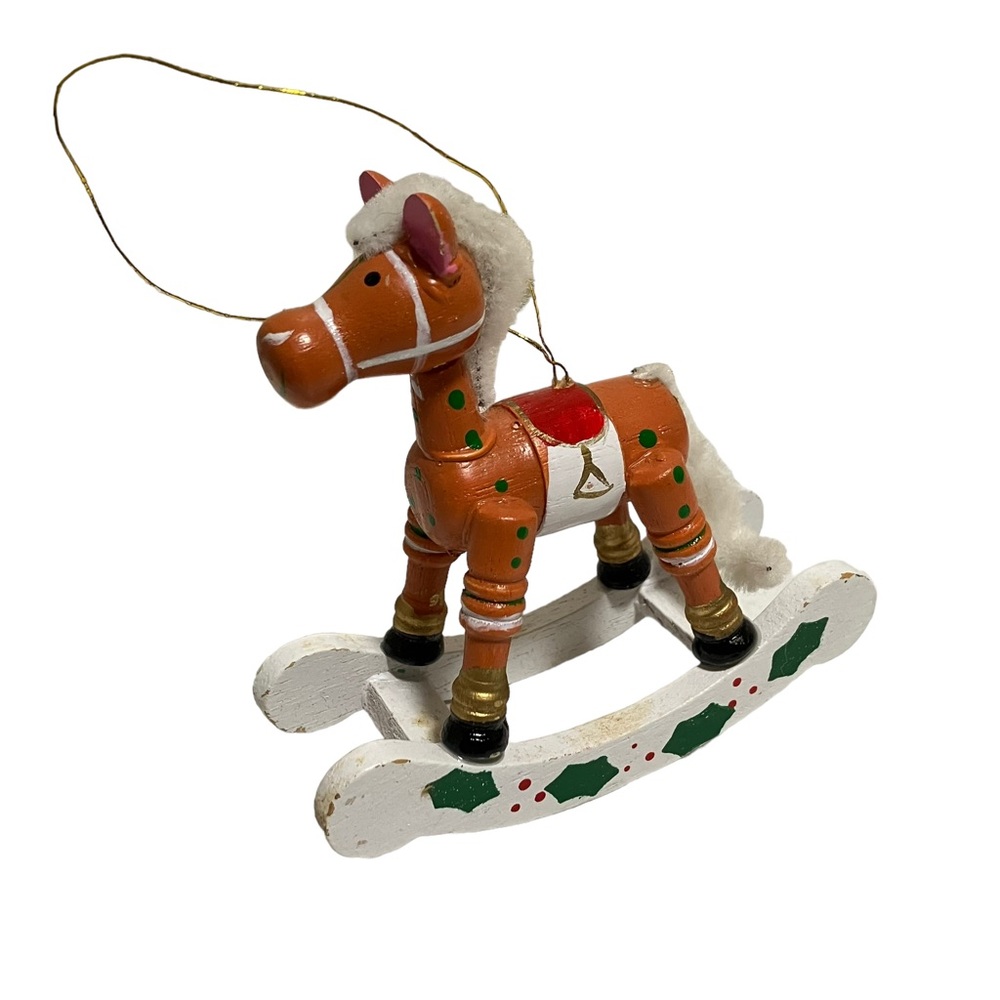 Vintage Wooden Rocking Horse Hand Painted Christmas Ornament
